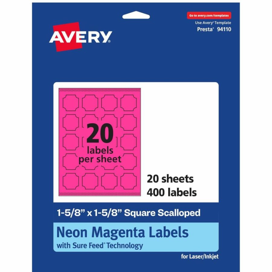 Avery Neon Magenta Printable Scalloped Labels 1-5/8" x 1-5/8" - 200 Pack, Sure Feed Technology, Laser/Inkjet Compatible, Print-To-The-Edge for Cosmetics & Jars