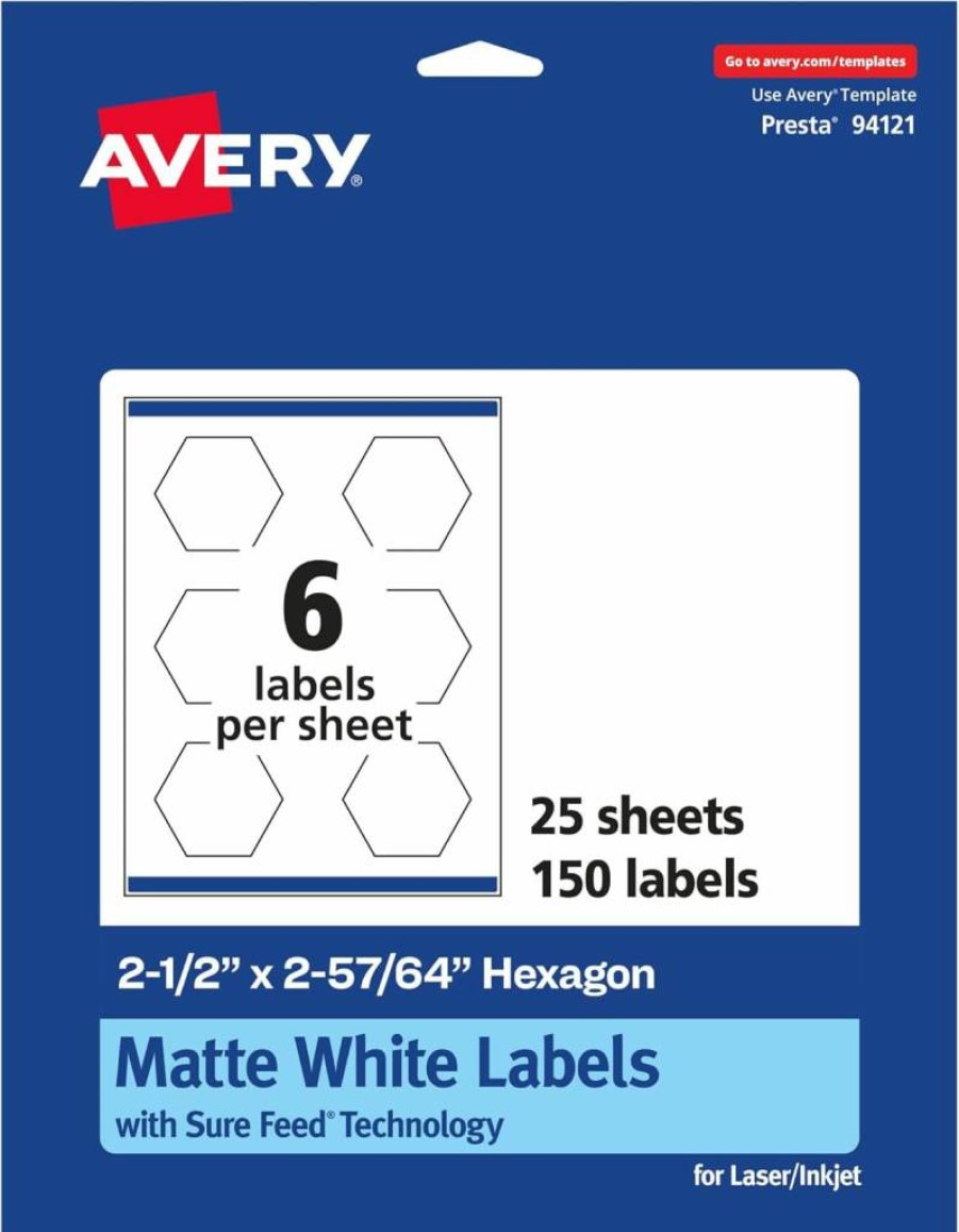 Avery Matte White Hexagon Labels 2.5" x 2.9", 150-Pack, Permanent Adhesive, Laser/Inkjet Printable, Sure Feed Technology, Print to Edge