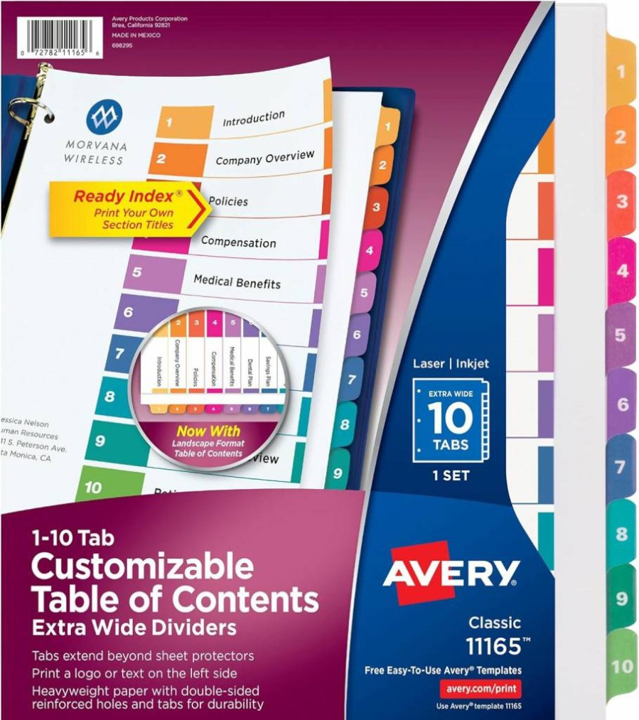 AVERY Extra-Wide Printable Index Dividers, 10-Tab Set for 3-Ring Binders, Multicolored Tabs, White Paper, Works with Sheet Protectors (11165)
