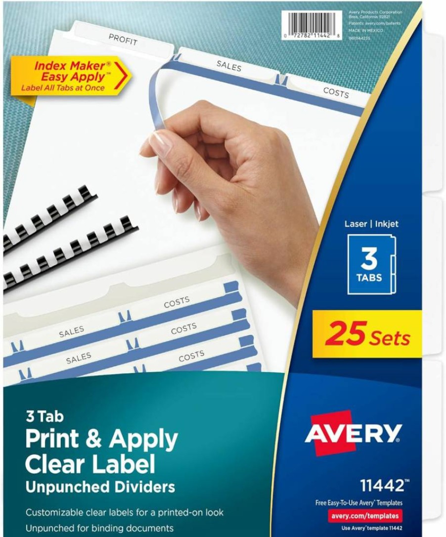 AVERY 11442 3-Tab Dividers, 25 Sets with Clear Label Strips, Unpunched for Any Binding System, Customizable White Tabs, Easy Print Index Maker
