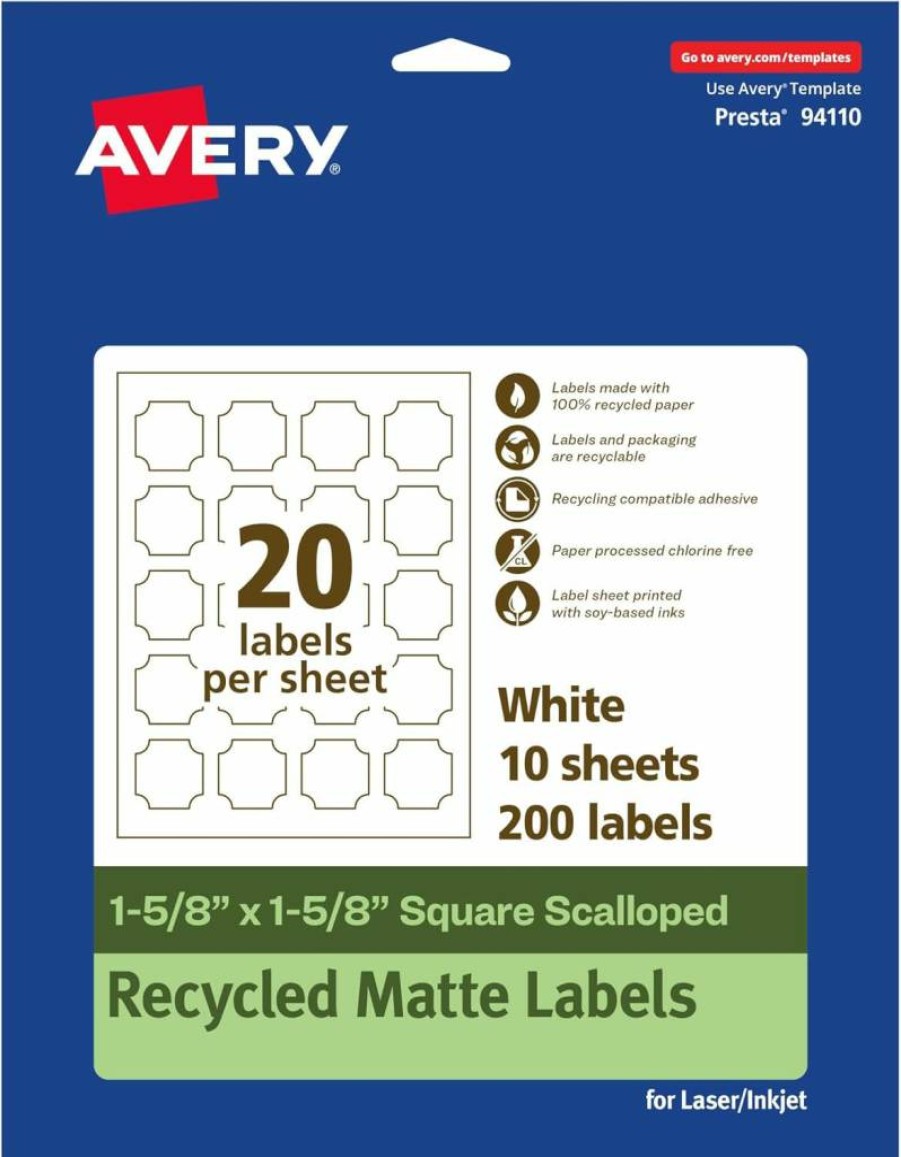 AVERY Recycled Matte White Square Scalloped Labels 1-5/8" x 1-5/8" - Eco-Friendly Permanent Adhesive, Print-To-The-Edge, Laser/Inkjet Printable, 200 Pack