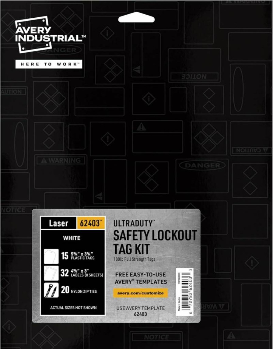 AVERY 62404 Ultraduty Lockout Tagout Kit - 15 Printable Tags, 5.75"x3.25", 100LB Strength, LOTO Safety Tags for Equipment