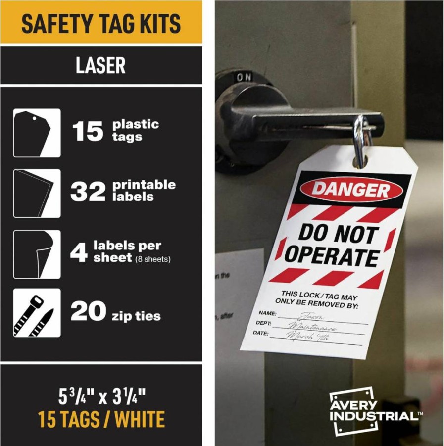 AVERY 62404 Ultraduty Lockout Tagout Kit - 15 Printable Tags, 5.75"x3.25", 100LB Strength, LOTO Safety Tags for Equipment