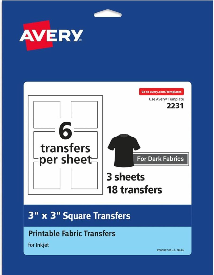 AVERY 3" x 3" Dark T-Shirt Iron-On Transfer Paper - 18 Pre-Cut Sheets, Print to Edge, Heat Activated (02231)