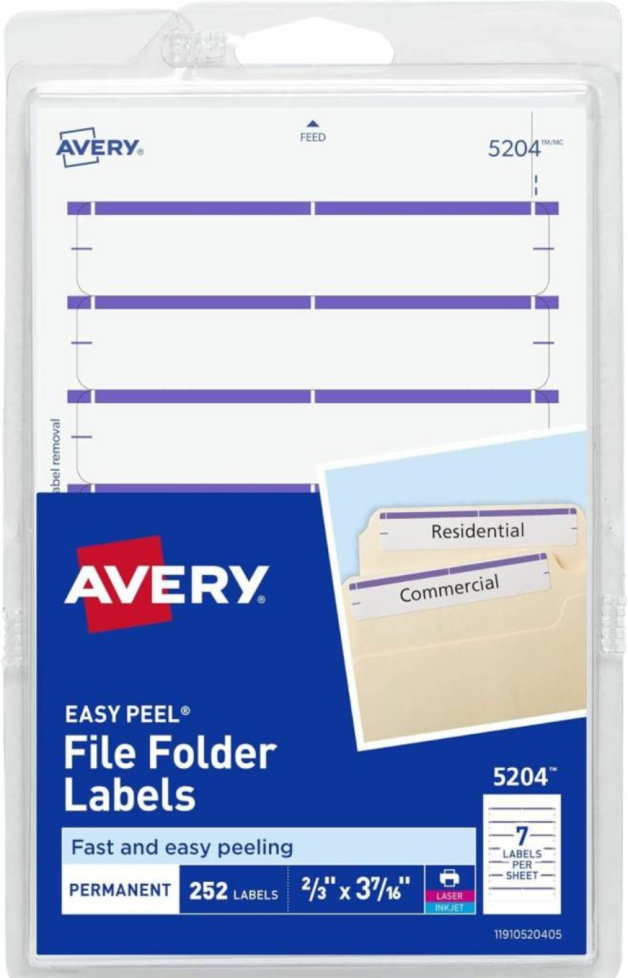 Avery 5204 Easy Peel File Folder Labels, 2/3" x 3-7/16", White/Purple, 252 Labels per Pack, Printable or Writable, 4" x 6" Sheets