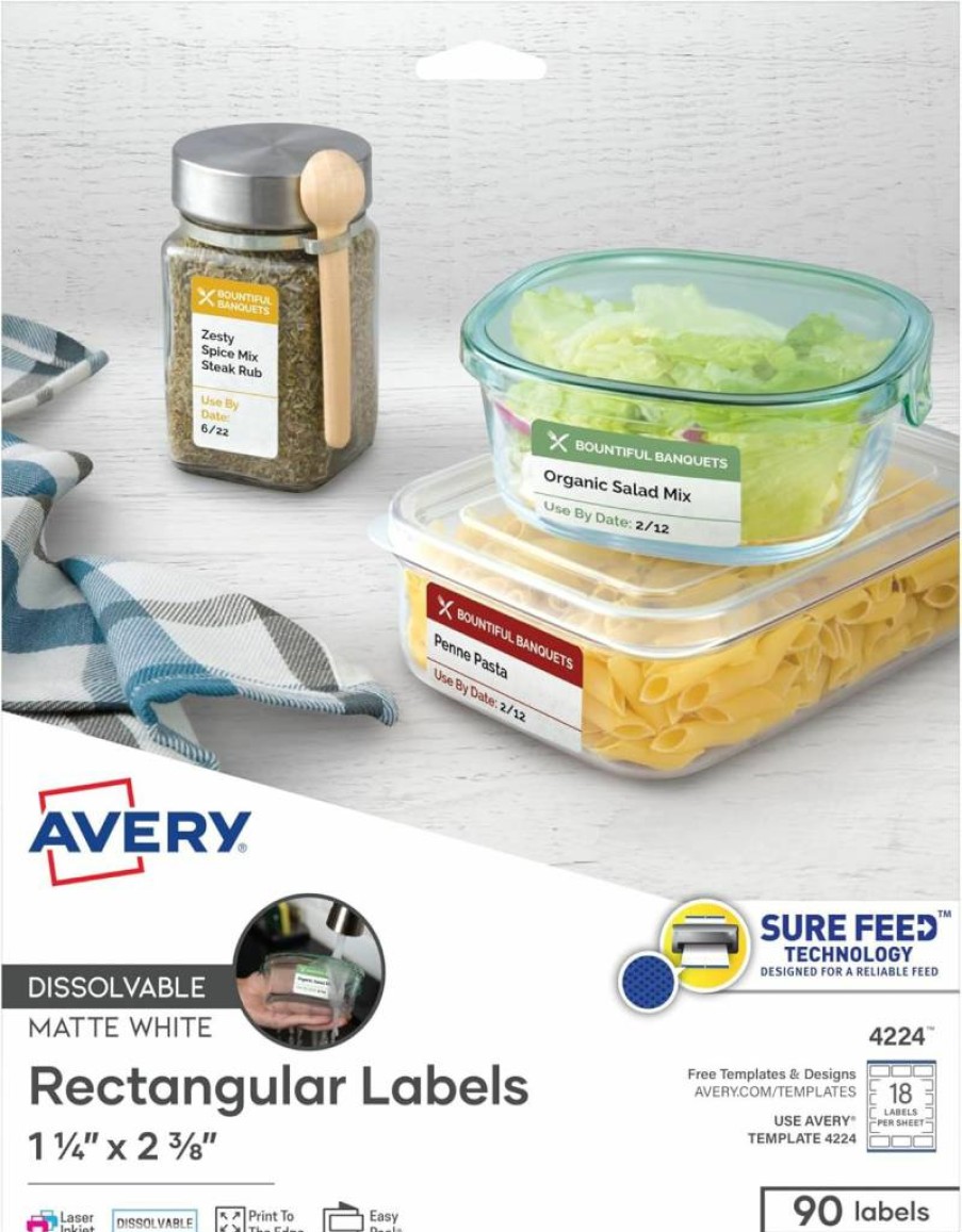 AVERY 4224 Printable Dissolvable White Labels, 1.25" x 2.375" Rectangle, 90 Customizable Self-Adhesive Stickers for Laser/Inkjet Printers