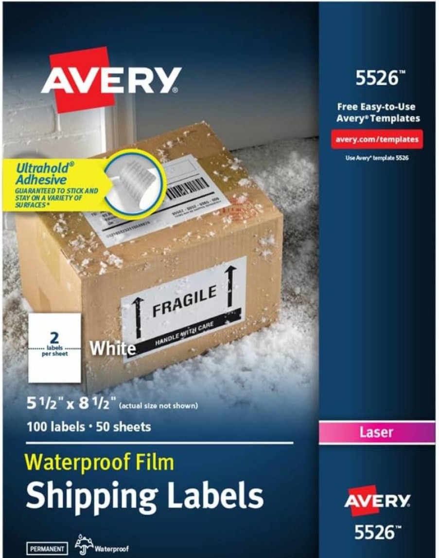 Avery 5526 Waterproof Printable Shipping Labels, 5.5" x 8.5", White, 100 Blank Mailing Labels with Sure Feed Technology