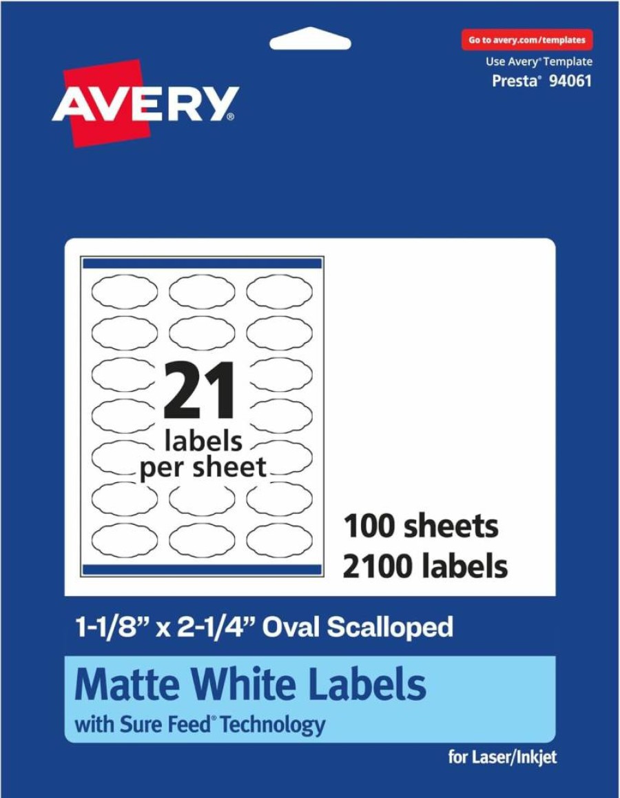 Avery Matte White Oval Scalloped Labels with Sure Feed Technology, 1-1/8" x 2-1/4", 525-Pack Printable Labels for Inkjet/Laser Printers