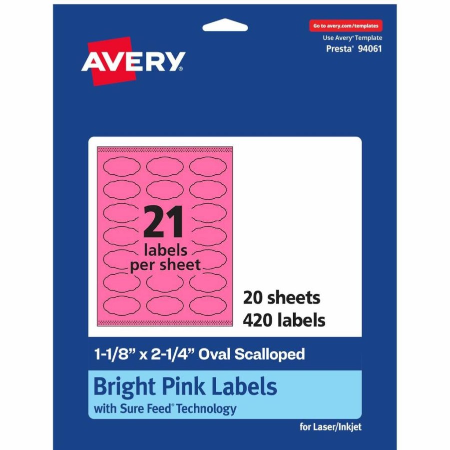 Avery Bright Pink Printable Oval Scalloped Labels, 1-1/8" X 2-1/4", Sure Feed Technology, 210 Pack, Laser/Inkjet Compatible, Print-To-The-Edge Design for Candles, Jars & Crafts
