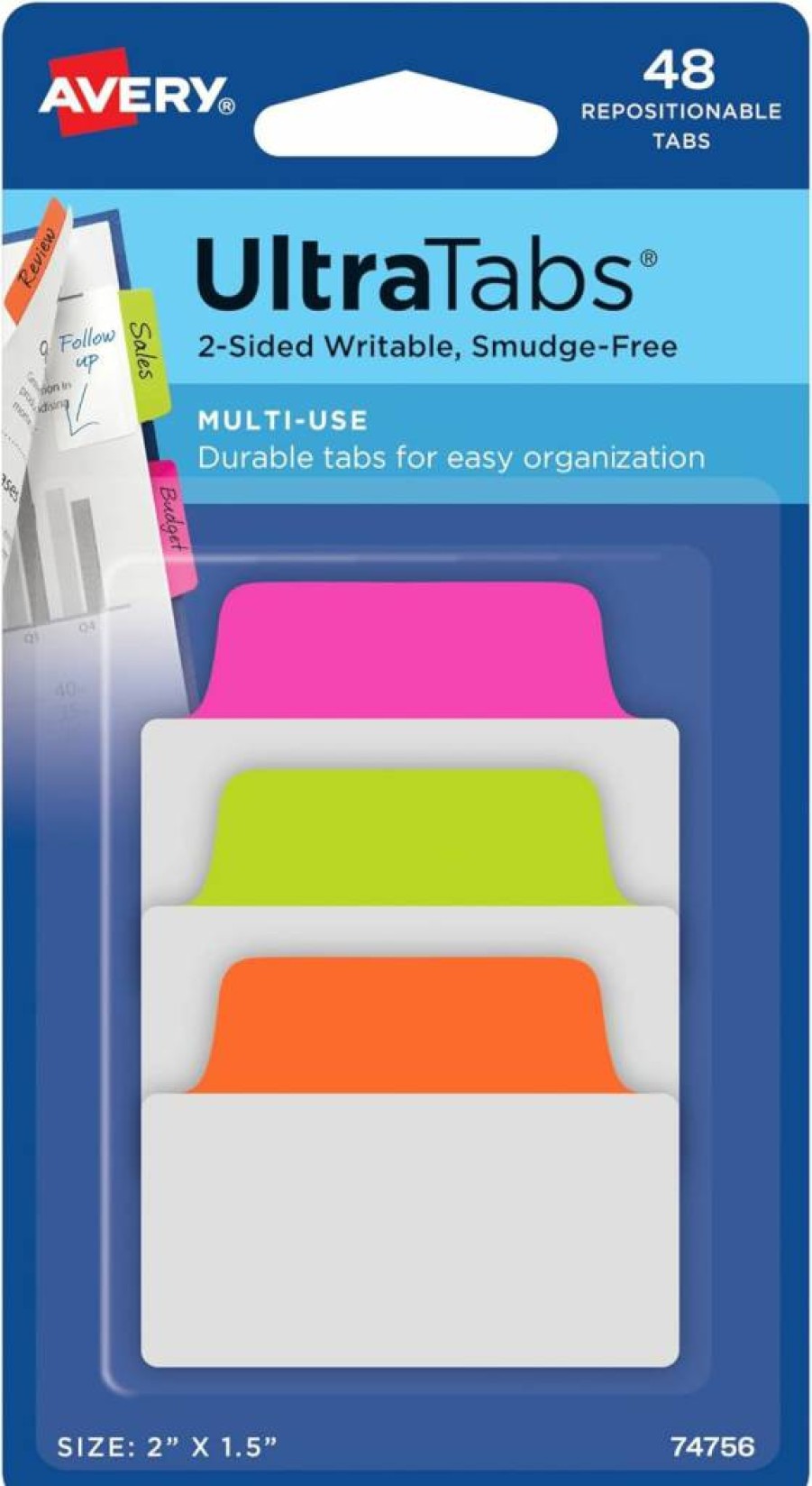 AVERY Neon Repositionable Tabs, 2" x 1.5", 2-Sided Writable, Multi-Color (Pink/Green/Orange), 48-Pack for Organizing Files & Documents