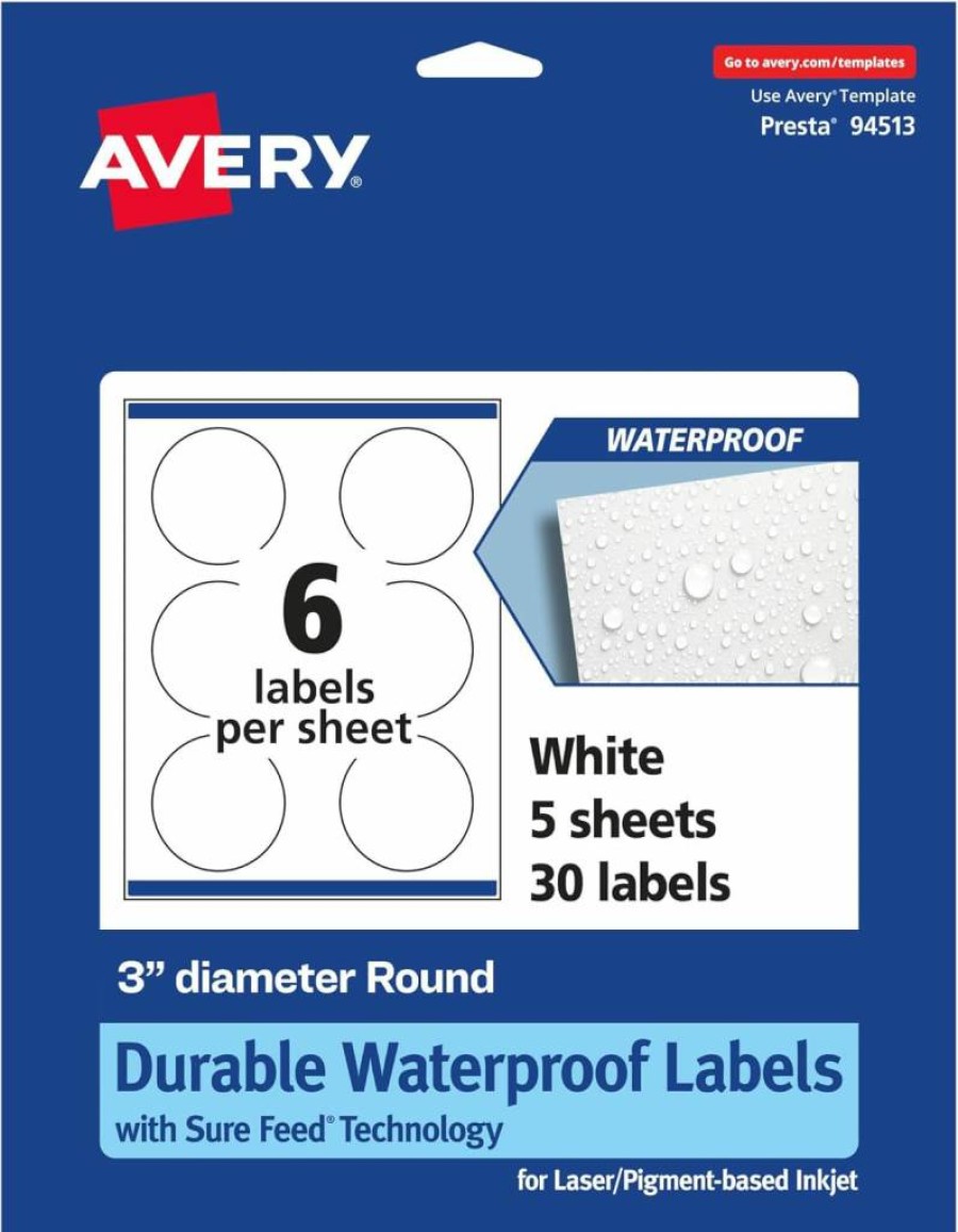 Avery Round Waterproof Labels 3" - 30 Pack, Tear & Oil Resistant, Laser/Inkjet Printable, Sure Feed Technology, Edge-to-Edge Printing