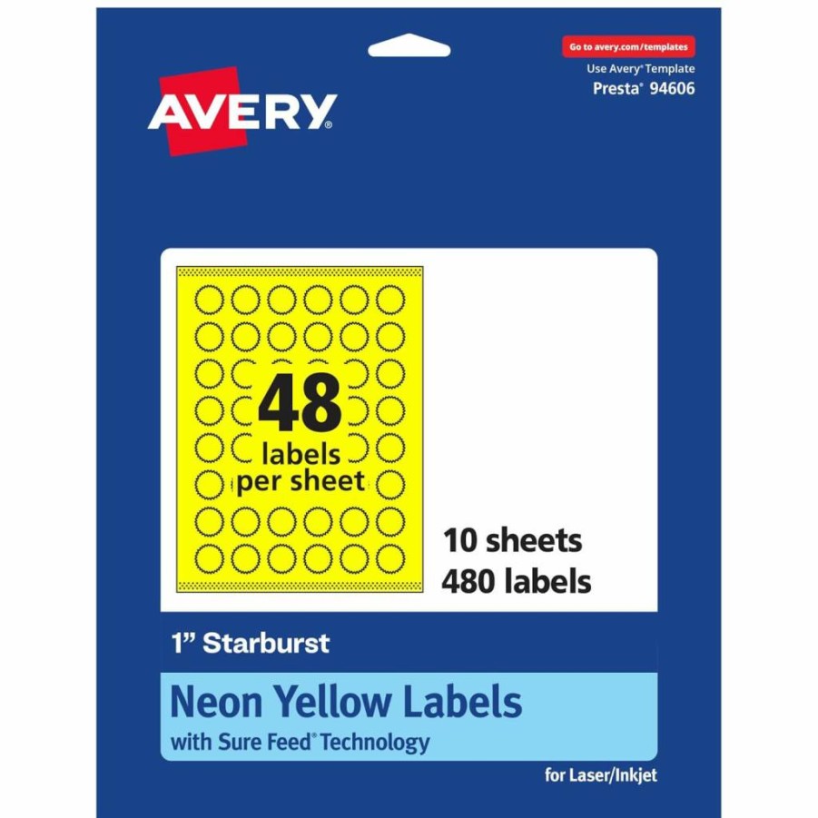 Avery Neon Yellow Printable Starburst Labels, 1" Round, Sure Feed Technology, 960 Pack for Laser/Inkjet Printing, Mailing Seals & Planner Stickers