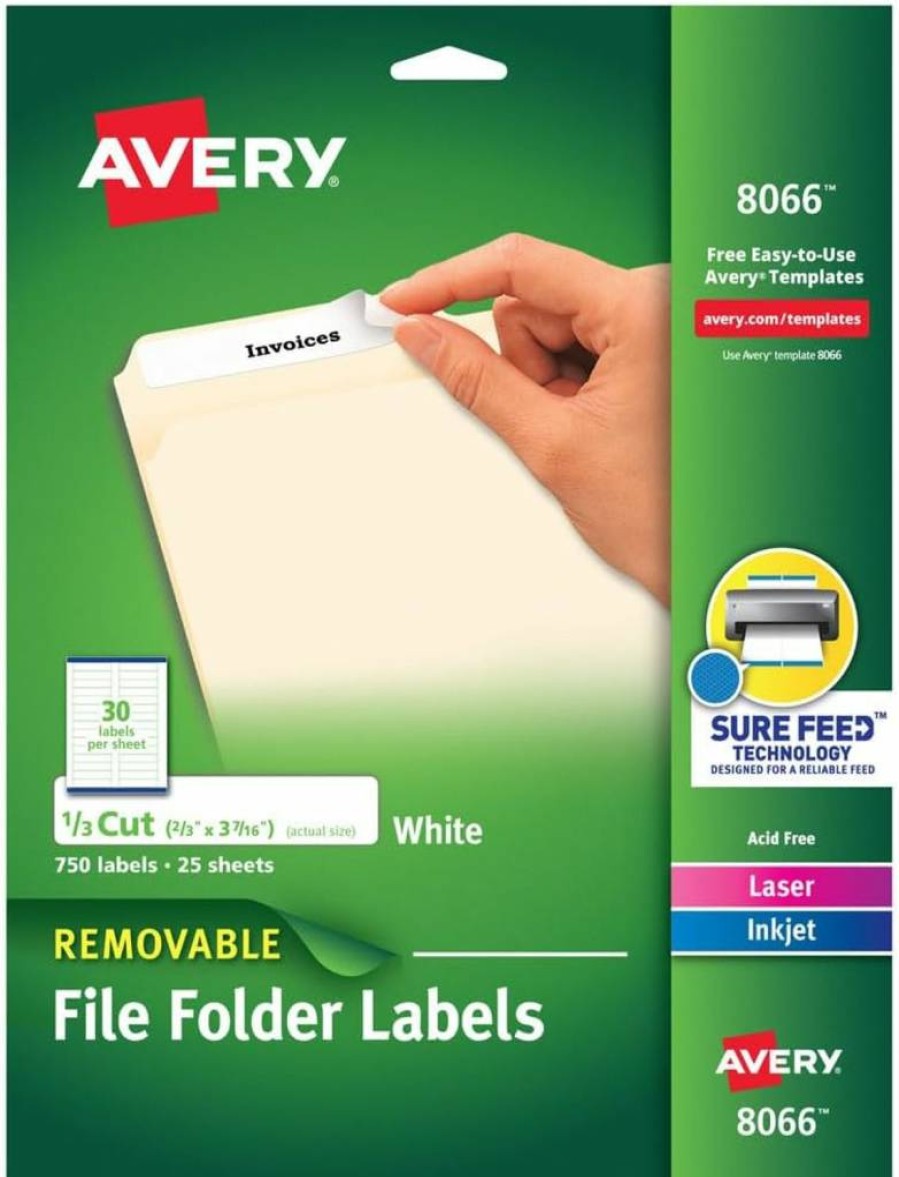 Avery 8066 Removable File Folder Labels, 2/3" x 3-7/16", White, 750 Printable Labels with Sure Feed Technology