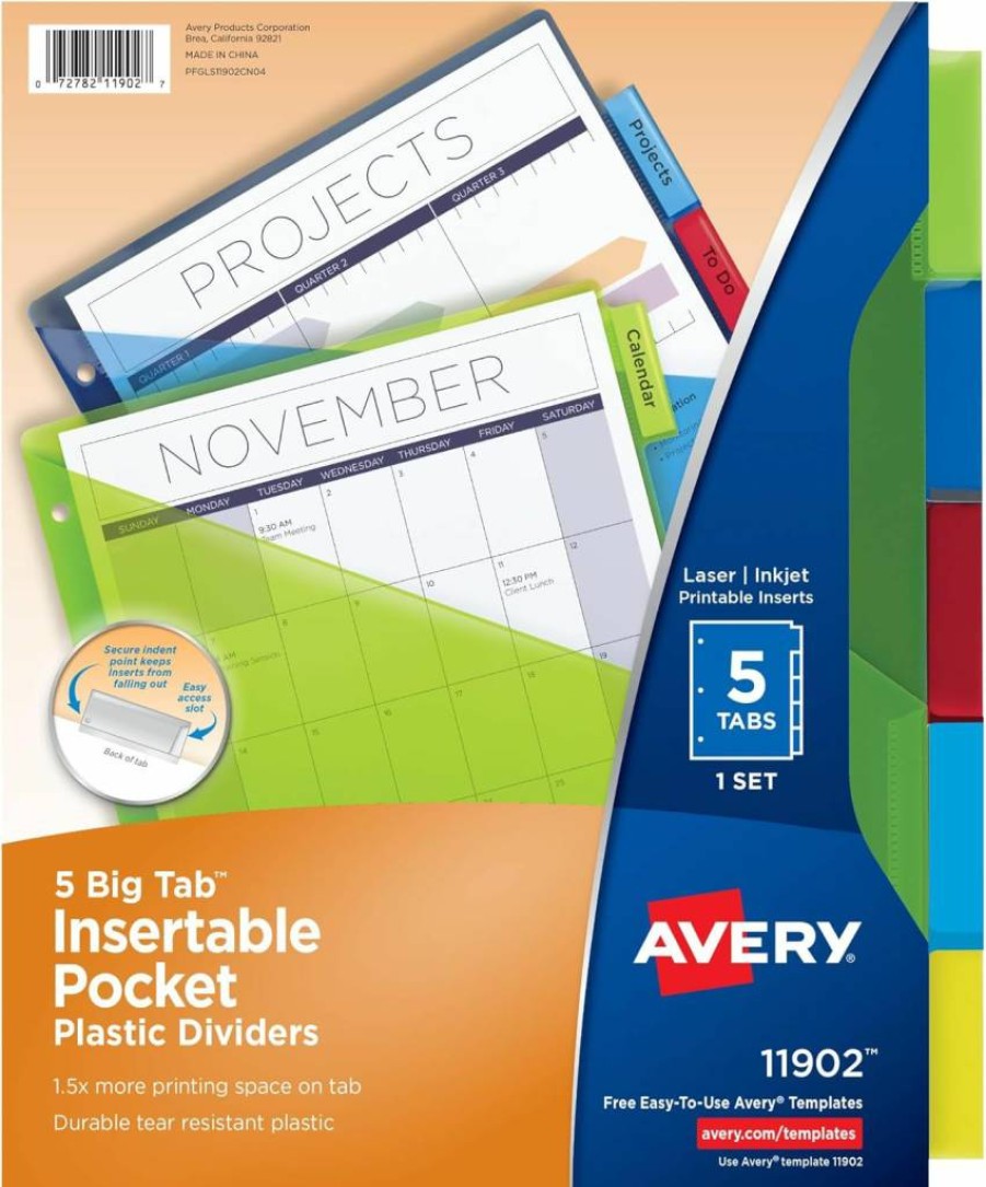 Avery 5-Tab Plastic Binder Dividers with Pockets, Insertable Big Tabs, Multicolor, Extends Beyond Sheet Protectors, 1 Set (11902) for 3-Ring Binders
