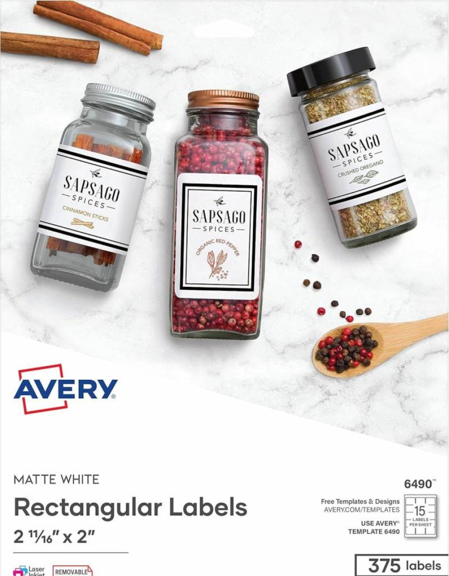 AVERY 6490 Matte White Printable Rectangle Labels, 2-11/16" x 2", 375 Customizable Blank Stickers for Laser/Inkjet Printers
