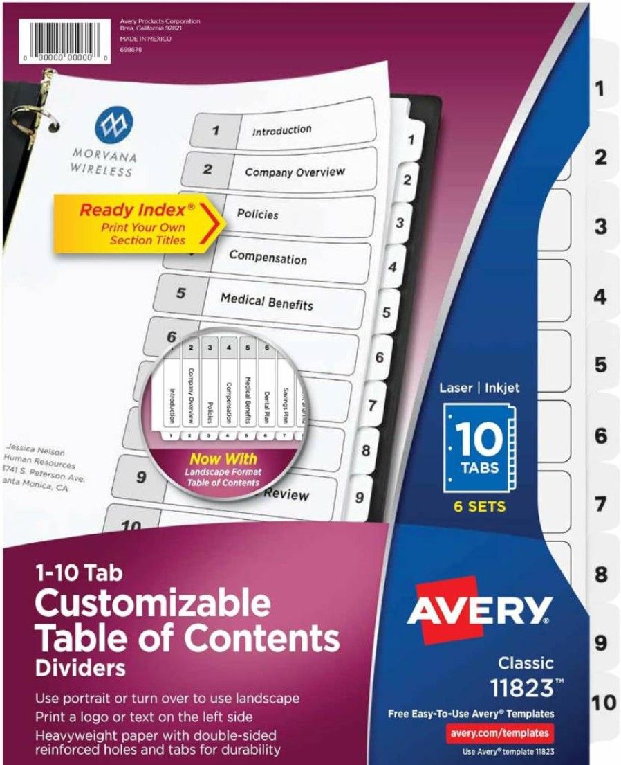 AVERY 10-Tab Customizable Dividers for 3-Ring Binders with White Tabs, 6 Sets (11823) - Organize with Table of Contents