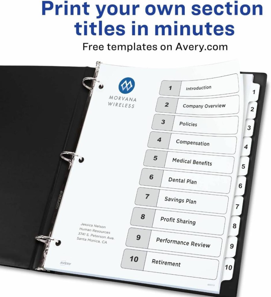 AVERY 10-Tab Customizable Dividers for 3-Ring Binders with White Tabs, 6 Sets (11823) - Organize with Table of Contents