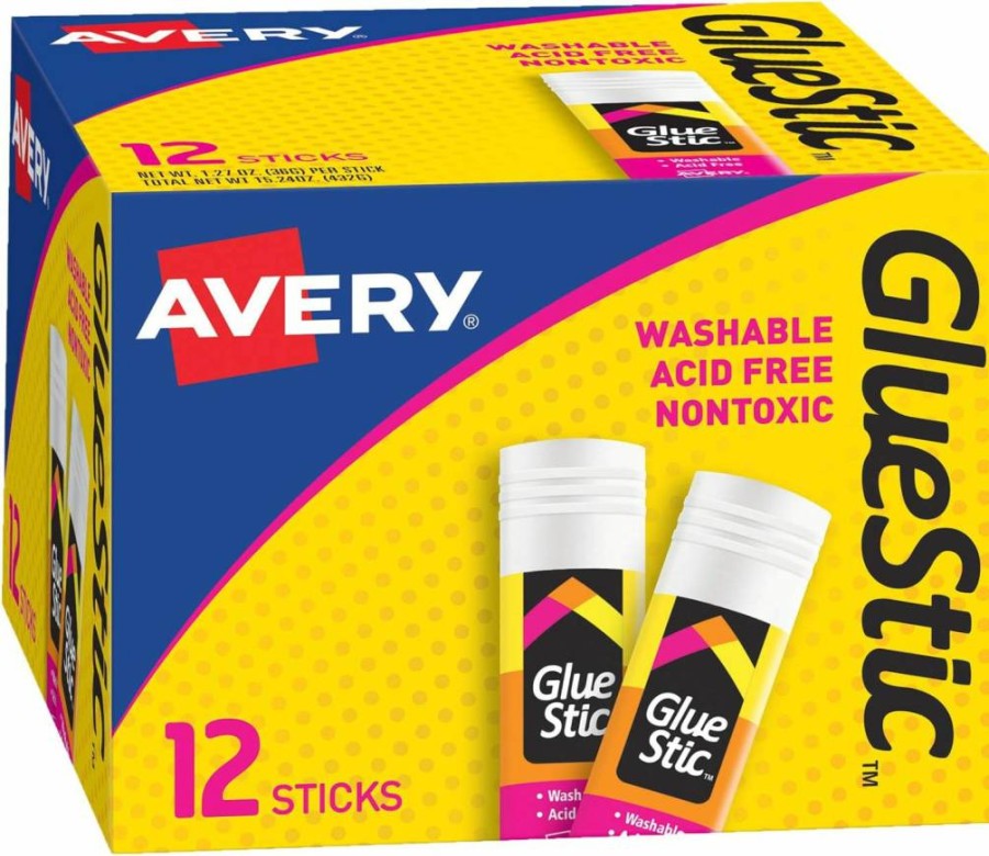 AVERY Washable & Non-Toxic Permanent Glue Sticks, 1.27 oz Each, 12-Pack for School, Office & Crafts (00196)