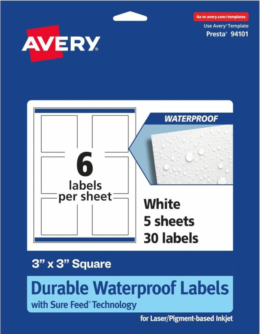 Avery 3" x 3" Square Waterproof Labels, 60-Pack, Sure Feed Technology, Oil & Tear-Resistant, Laser/Inkjet Printable, Print-To-The-Edge Design