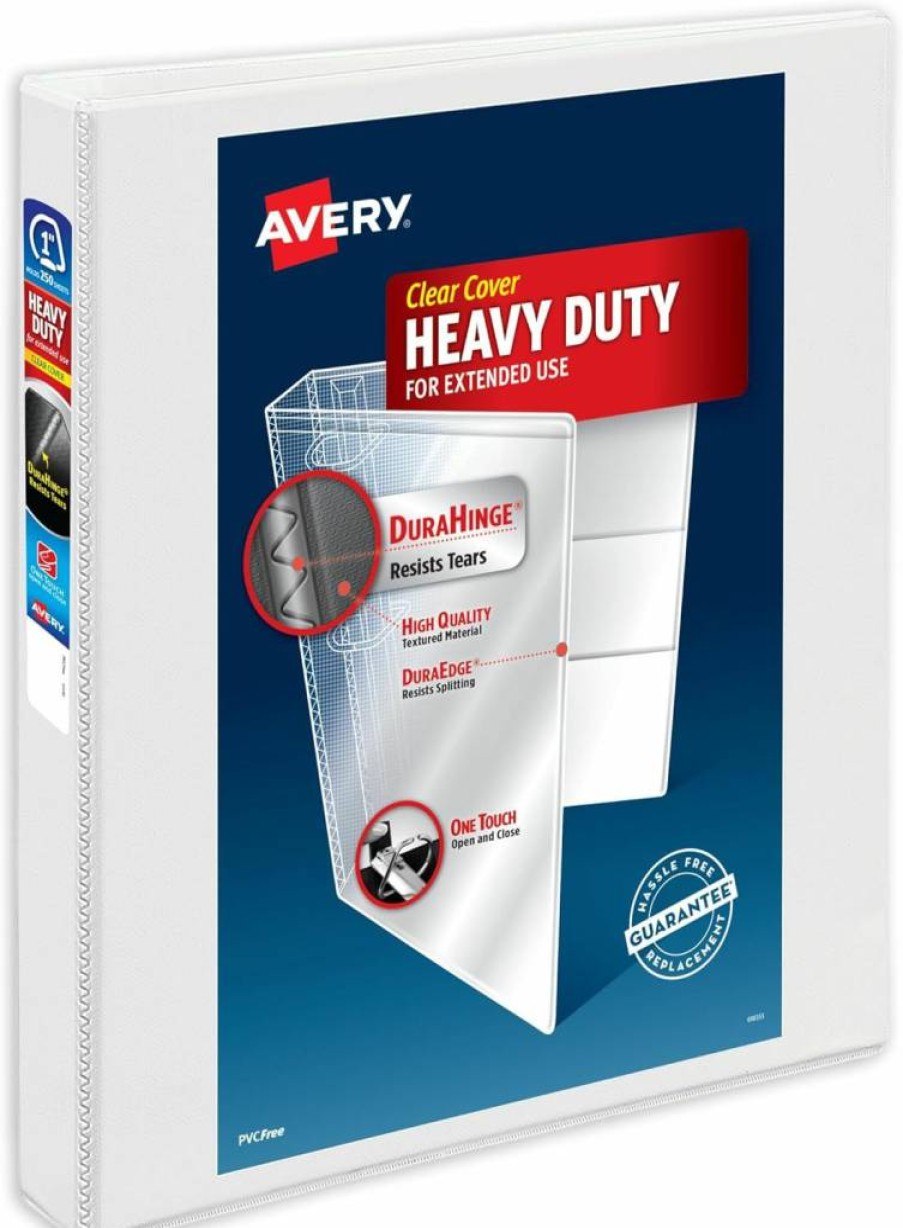 AVERY 1.5" 3-Ring Binders with One-Touch Slant Rings, DuraHinge Technology, 2.1" Spine, Customizable Clear Cover, White (4-Pack) Heavy Duty Binders 79781