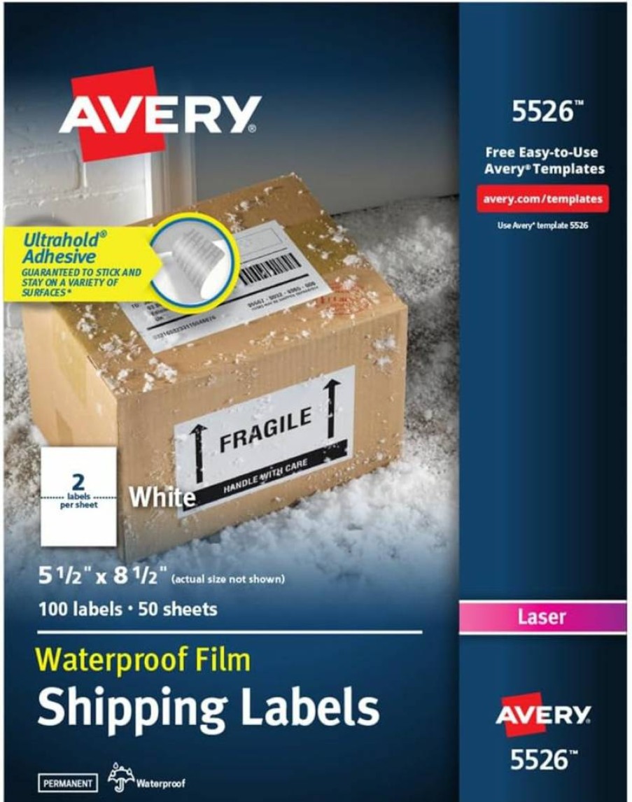 Avery 95526 Ultrahold Waterproof Labels 5.5" x 8.5" for Laser Printers - Case of 1,000 Sheets