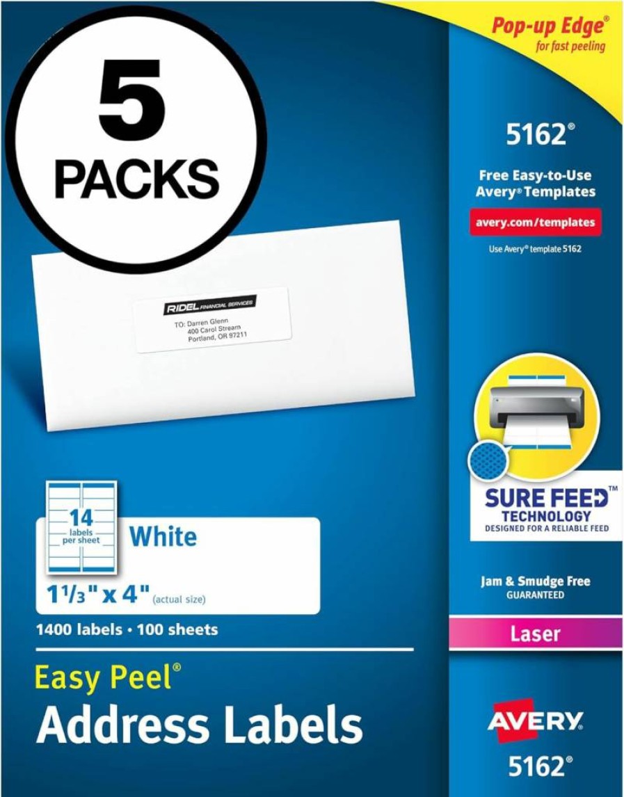 AVERY 5162 Easy Peel Printable Address Labels, 1-1/3" x 4", White, 1,400 Blank Mailing Labels for Laser Printers with Sure Feed Technology