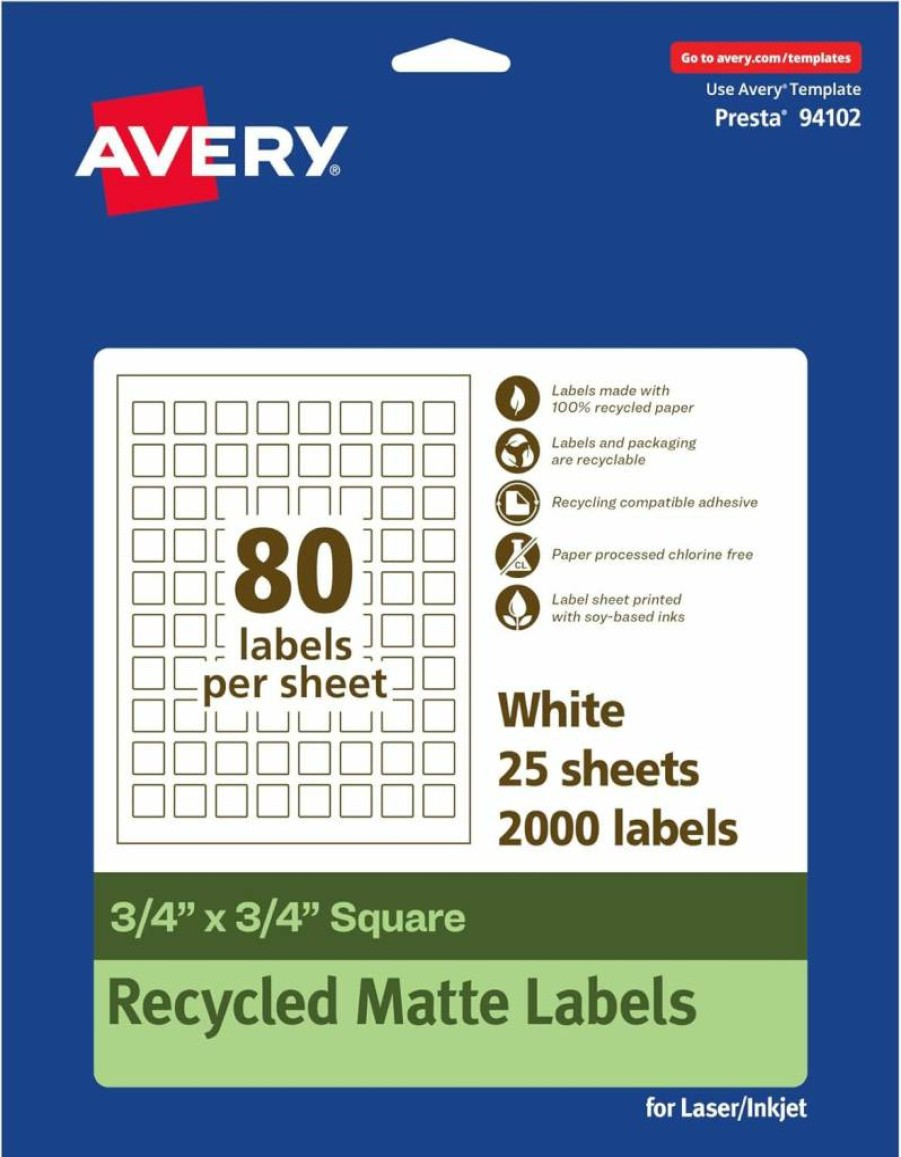 Avery Recycled Matte White Square Labels 3/4" x 3/4" - Eco-Friendly, Print-to-Edge, Permanent Adhesive, Laser/Inkjet Printable, 800 Labels Pack