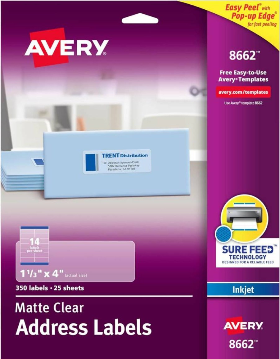 AVERY 08662 Printable Address Labels 1-1/3" x 4", Sure Feed Matte Clear Mailing Labels, 350 Sheets Pack