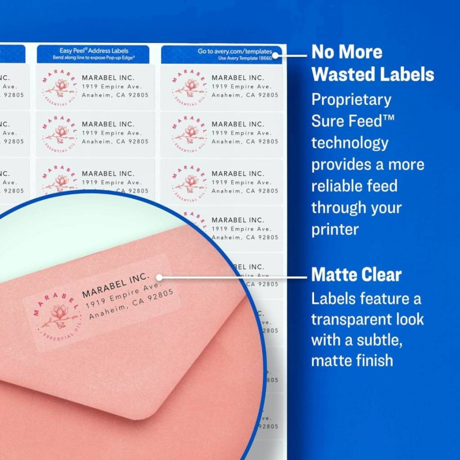AVERY 08662 Printable Address Labels 1-1/3" x 4", Sure Feed Matte Clear Mailing Labels, 350 Sheets Pack