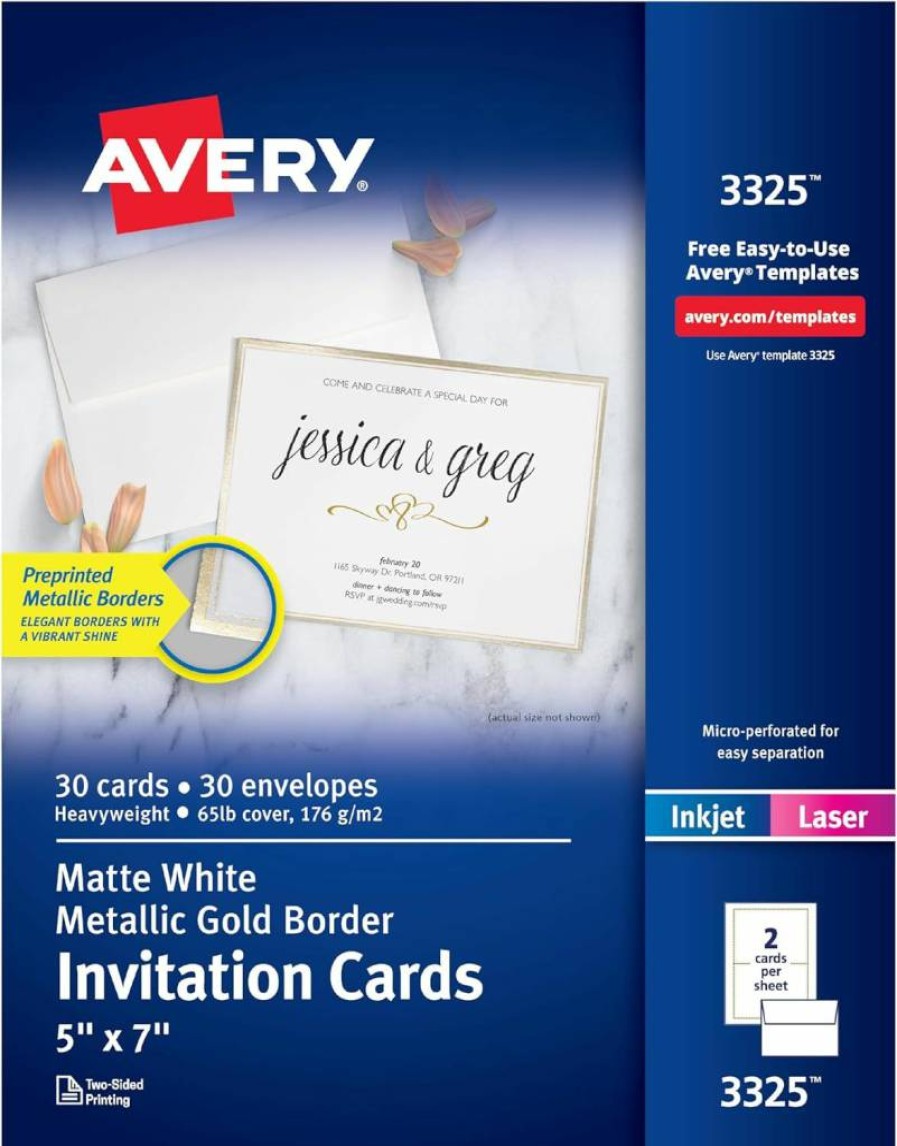 AVERY 5x7 Inch White & Gold Invitation Cards with Envelopes, 30-Pack for Laser/Inkjet Printers (3325)