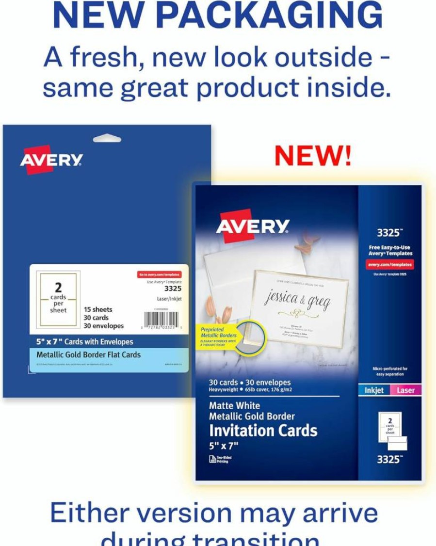 AVERY 5x7 Inch White & Gold Invitation Cards with Envelopes, 30-Pack for Laser/Inkjet Printers (3325)