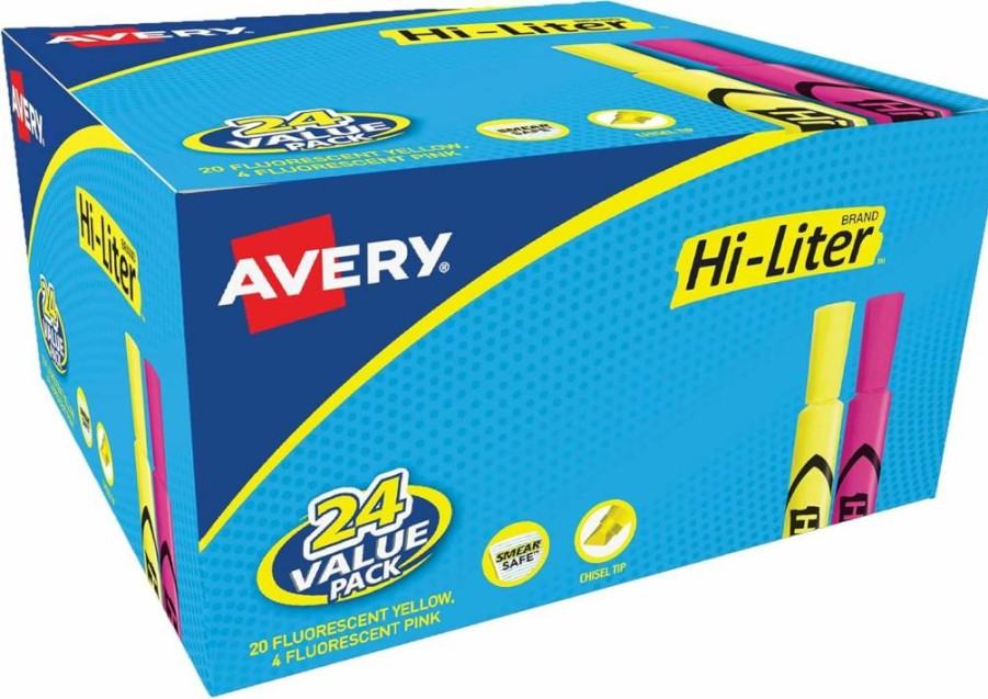 Avery Hi-Liter Chisel Tip Highlighters, 24 Pack - Pink & Yellow, Desk Style (98189)
