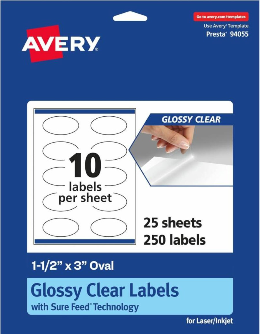 Avery Glossy Clear Oval Labels 1.5" x 3" - 100-Pack, Sure Feed Technology, Print-to-the-Edge for Laser/Inkjet Printers