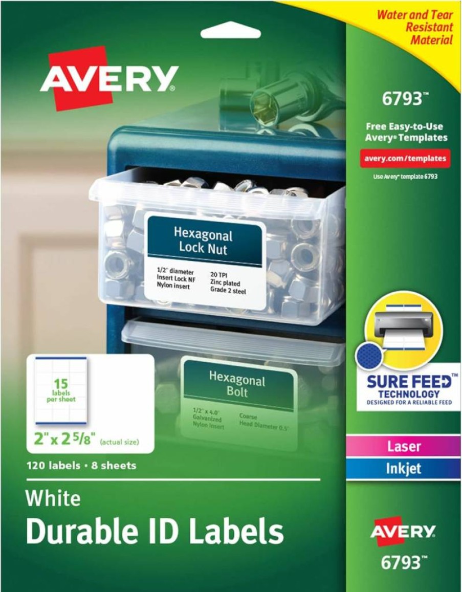 Avery 6793 Sure Feed Durable Easy Peel ID Labels, 2" x 2-5/8" White Rectangle, 120-Pack