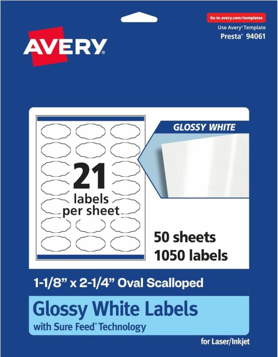 Avery Glossy White Oval Scalloped Labels 1-1/8" x 2-1/4" - 210 Pack, Sure Feed Technology, Print-to-the-Edge, Permanent Adhesive, Laser/Inkjet Printable