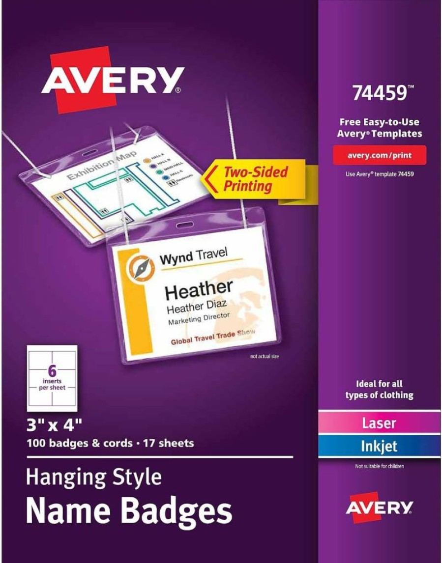 AVERY 74459 Name Badges with Lanyards - 3" x 4" Printable or Write-On Badge Holders, 100 Inserts, Reusable ID Card Holders for Events & Conferences