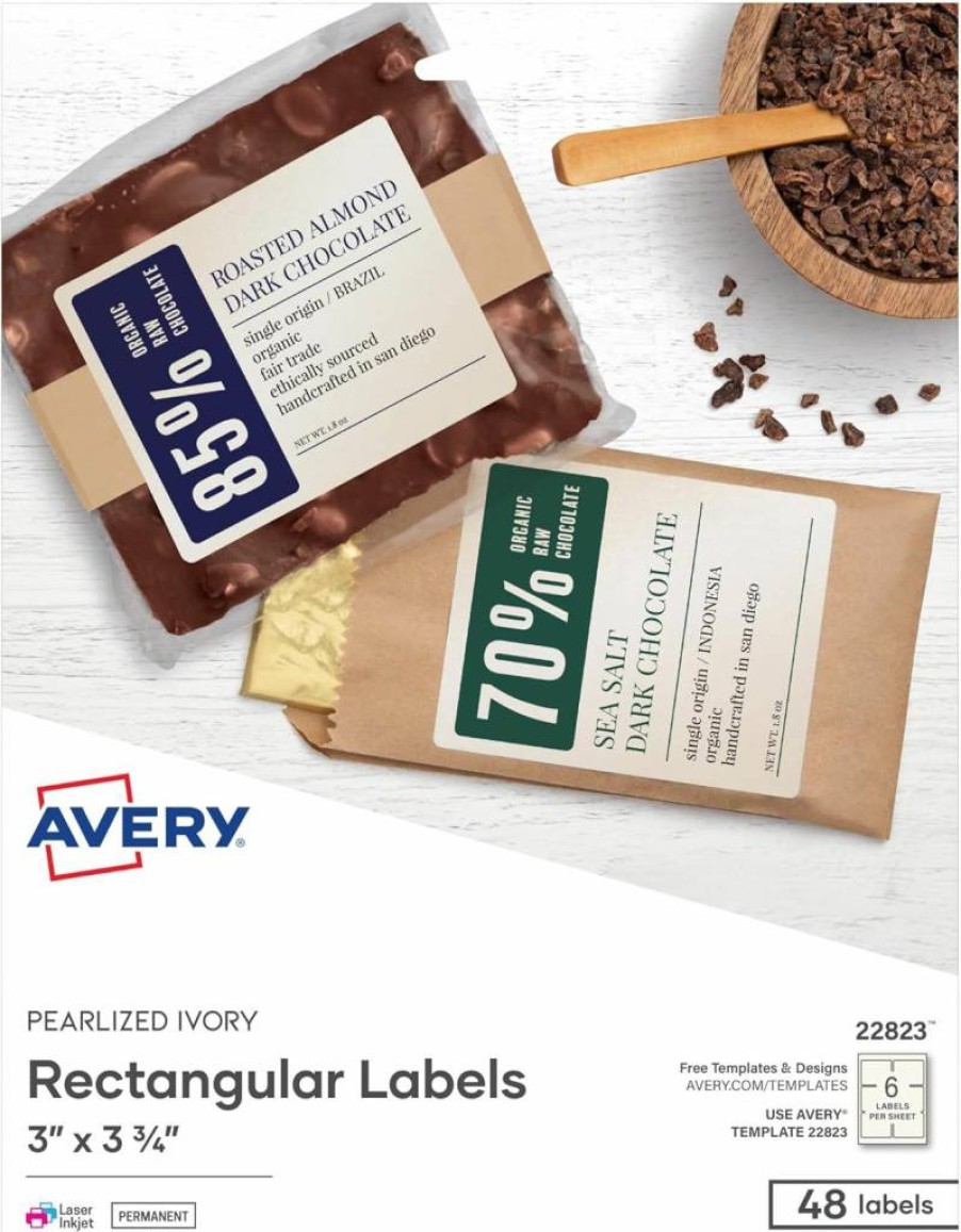 Avery 22823 Pearlized Ivory Printable Labels, 3" x 3.75" Rectangle, 48 Customizable Blank Stickers for Laser/Inkjet Printers