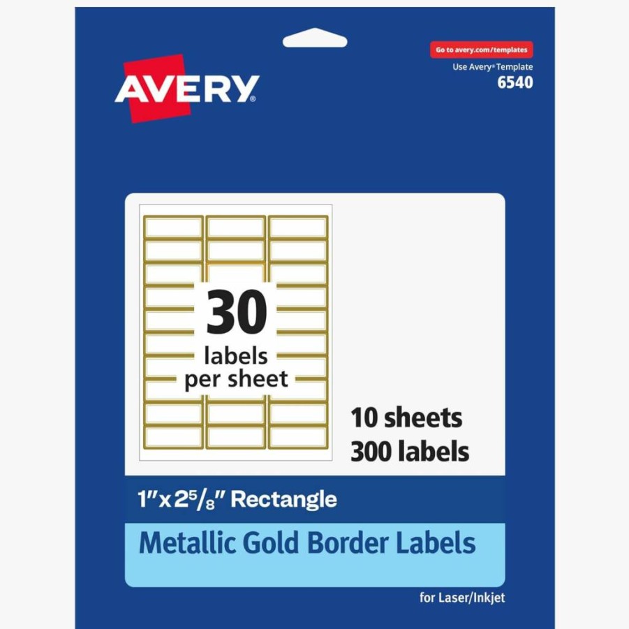 Avery Glossy Clear Labels with Metallic Gold Borders, 1" x 2-5/8" Rectangle, 180 Pack, Laser/Inkjet Printable - 6550
