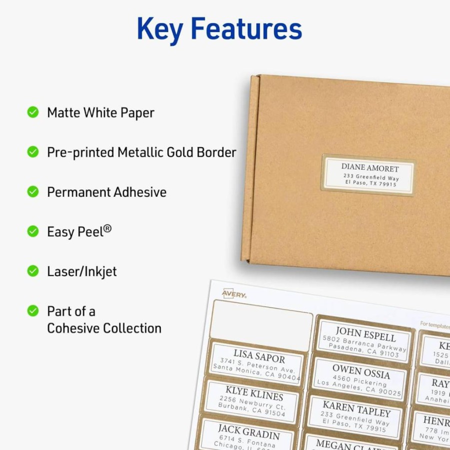 Avery Glossy Clear Labels with Metallic Gold Borders, 1" x 2-5/8" Rectangle, 180 Pack, Laser/Inkjet Printable - 6550