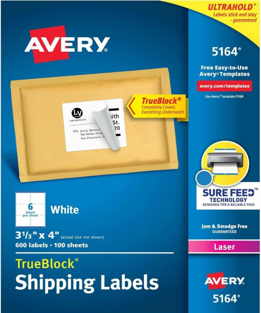 Avery 5164 Printable Shipping Labels, 3-1/3" x 4", White, 600 Blank Mailing Labels for Laser Printers with Sure Feed Technology