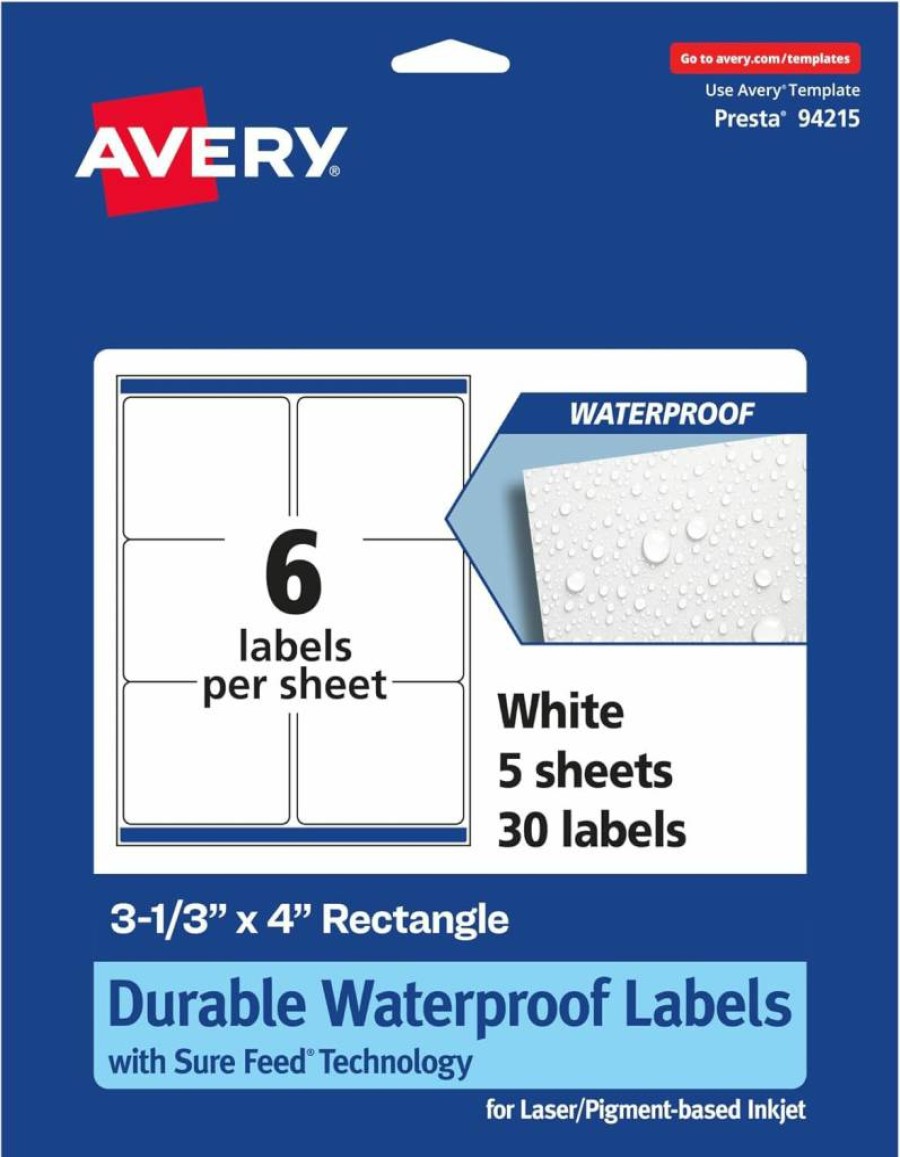 Avery Sure Feed Waterproof Labels 3-1/3" x 4" - 60 Pack, Durable Oil & Tear-Resistant, Laser/Inkjet Printable for Indoor/Outdoor Use