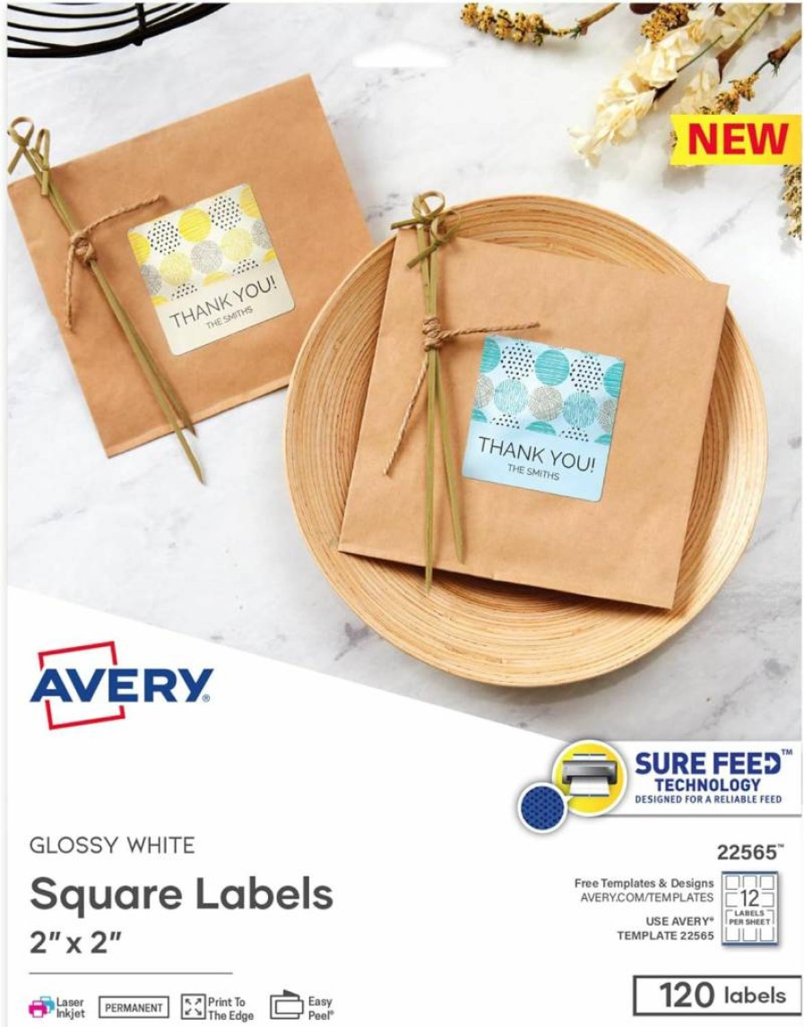 AVERY 22565 Glossy White Printable Labels, 2" x 2" Square Sticker Sheets, 120 Customizable Adhesive Labels for Inkjet & Laser Printers