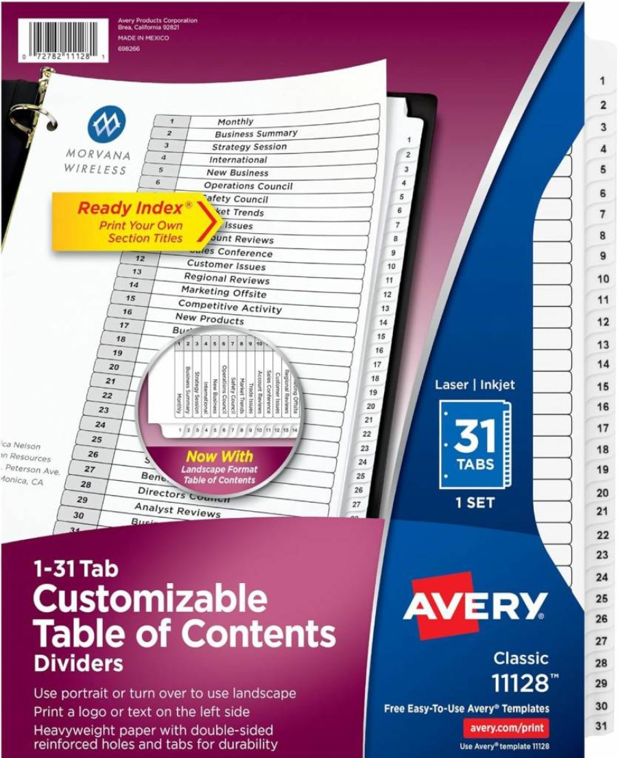 Avery 11128 1-31 Tab Dividers for 3-Ring Binders, Customizable White Index Tabs with Table of Contents, 1 Set