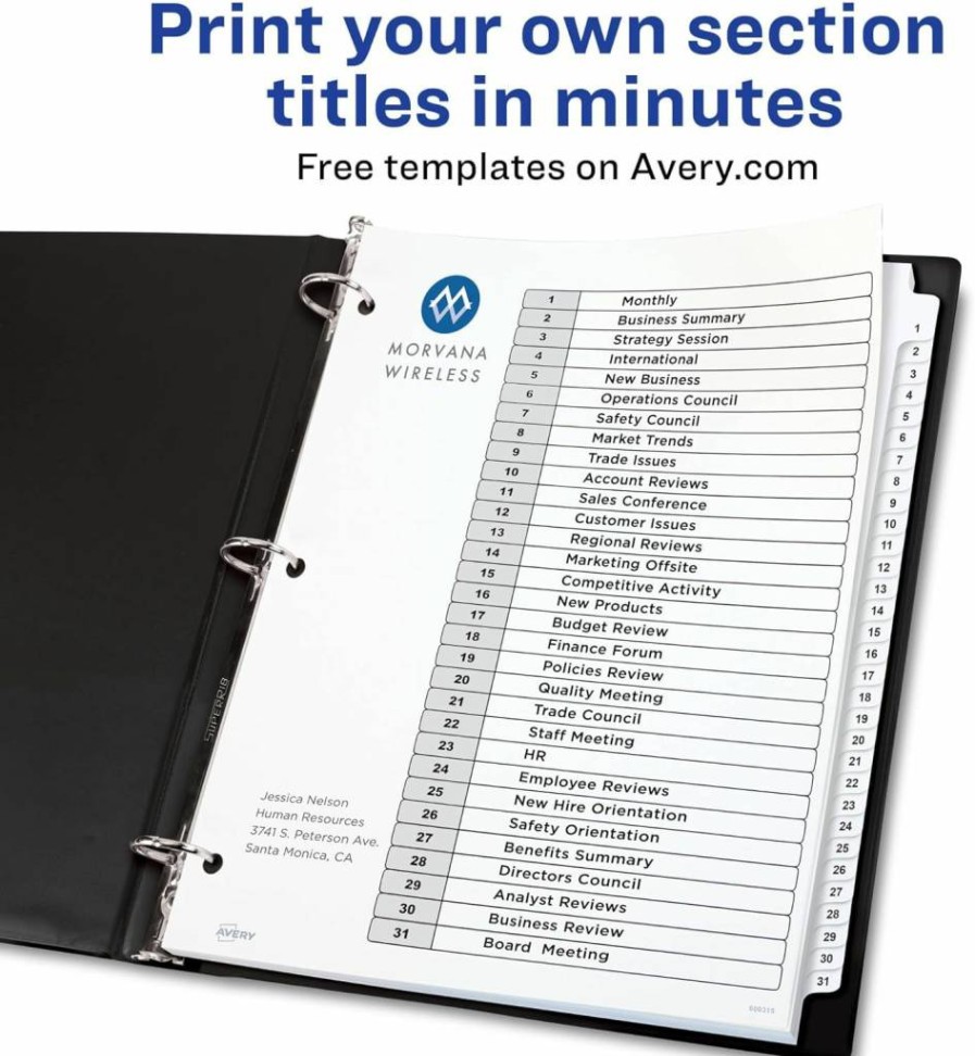Avery 11128 1-31 Tab Dividers for 3-Ring Binders, Customizable White Index Tabs with Table of Contents, 1 Set