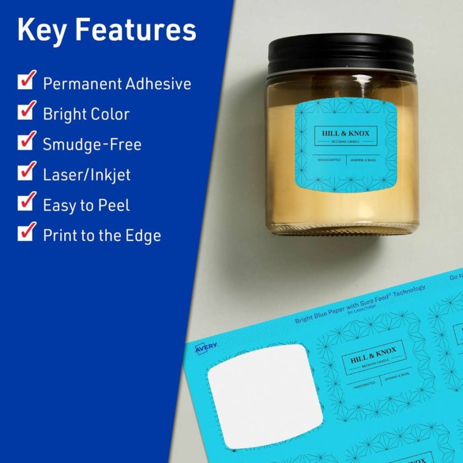 AVERY Bright Blue Printable Arched Square Labels, 2" x 2-3/16", Sure Feed Technology, 240 Labels for Laser/Inkjet Printers, Ideal for Cosmetics and Soaps Packaging