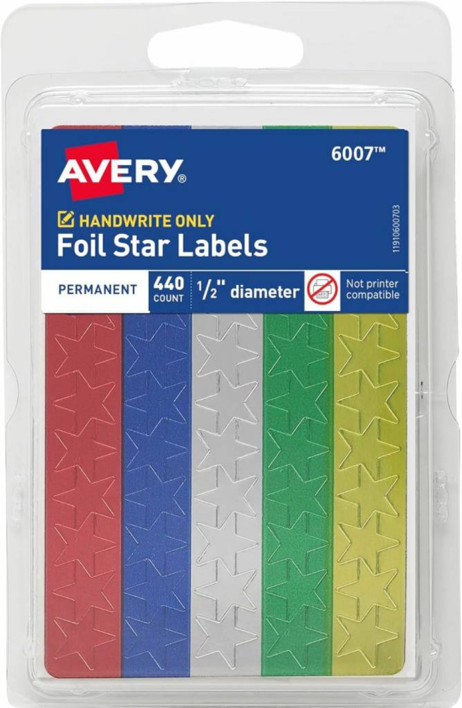 Avery 6007 Foil Star Labels, 1/2 Inch Assorted Color Non-Printable Stickers, 440 Count Pack for Crafting and Organizing