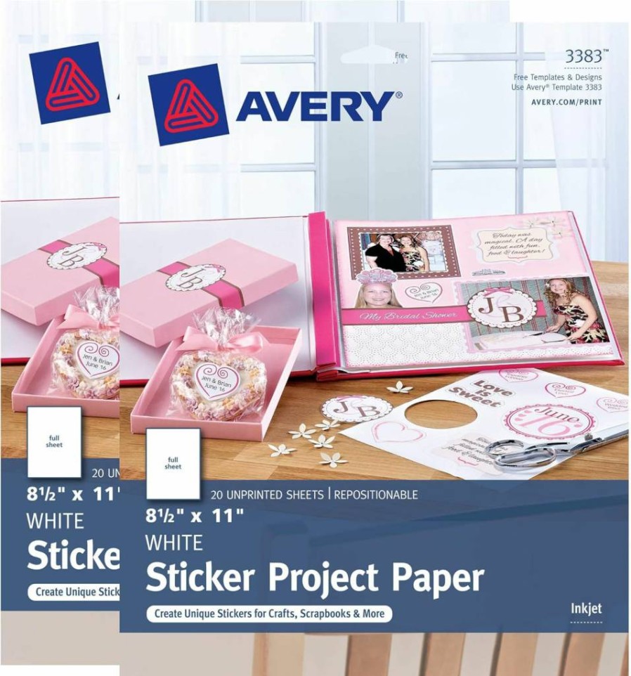 AVERY Matte White Printable Sticker Paper, 8.5" x 11", 40 Repositionable Sheets for Inkjet Printers, Ideal for Shipping Labels & Product Labels, 2-Pack (3383)