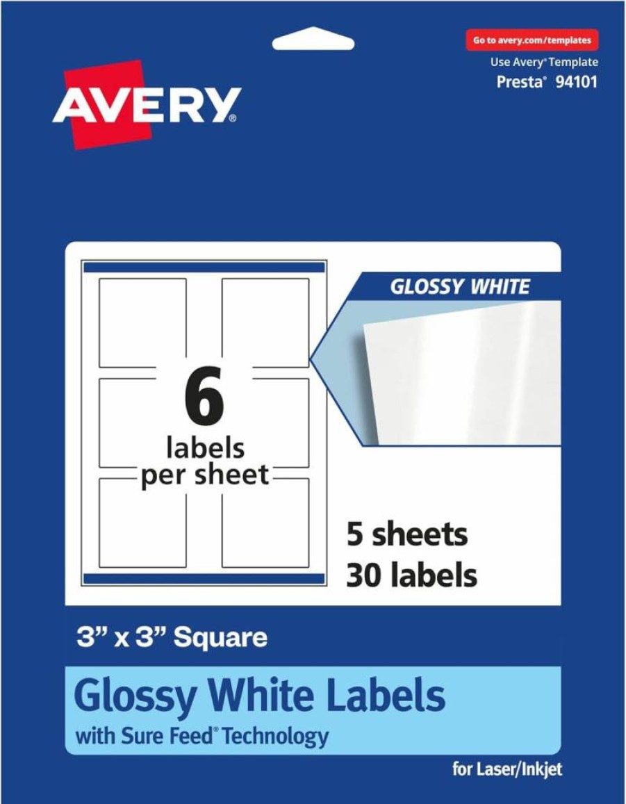 Avery 36480 Glossy White 3" x 3" Square Labels with Sure Feed Technology, 30-Pack