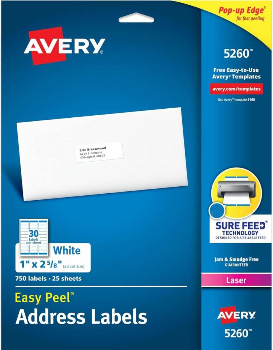 AVERY 5160 Easy Peel Printable Address Labels, 1" x 2-5/8" White Mailing Stickers, 5-Pack of 15,000 Sure Feed Customizable Labels for Shipping, Business & Organization
