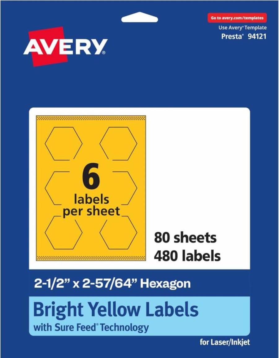 AVERY Bright Yellow Printable Hexagon Labels 2.5" - Sure Feed Technology for Laser/Inkjet, 120-Pack - Waterproof Cosmetic & Jar Stickers, Print-to-Edge Design